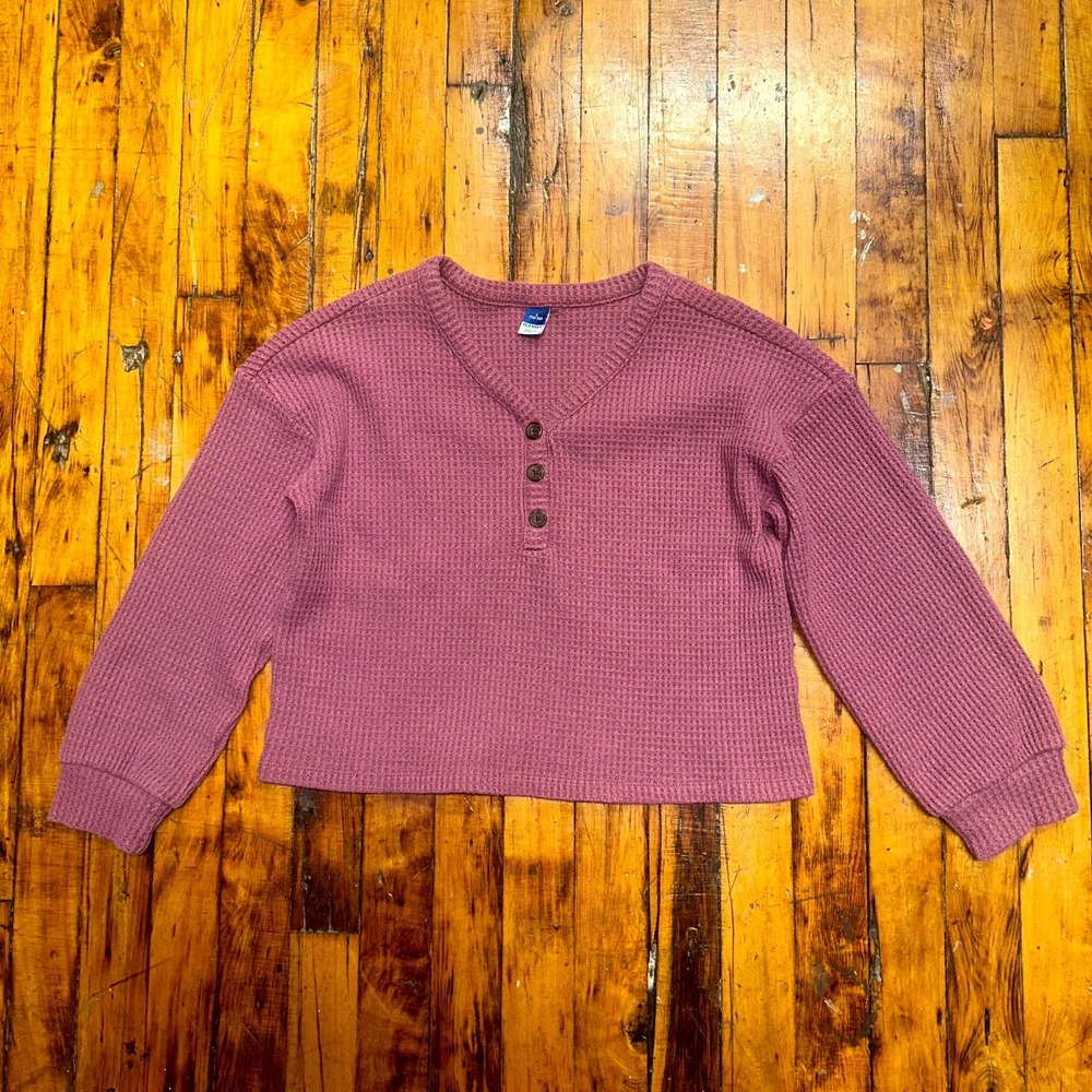 Old Navy Thermal Henley Top Girls Large Mauve Pink Waffle Knit V Neck Casual